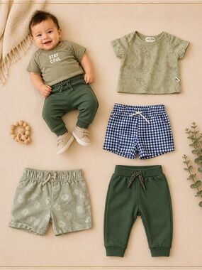 Baby Boy Outfit Bundle 3-6M Neutral Organic Set Cat & Jack Rabbit + Bear Summer